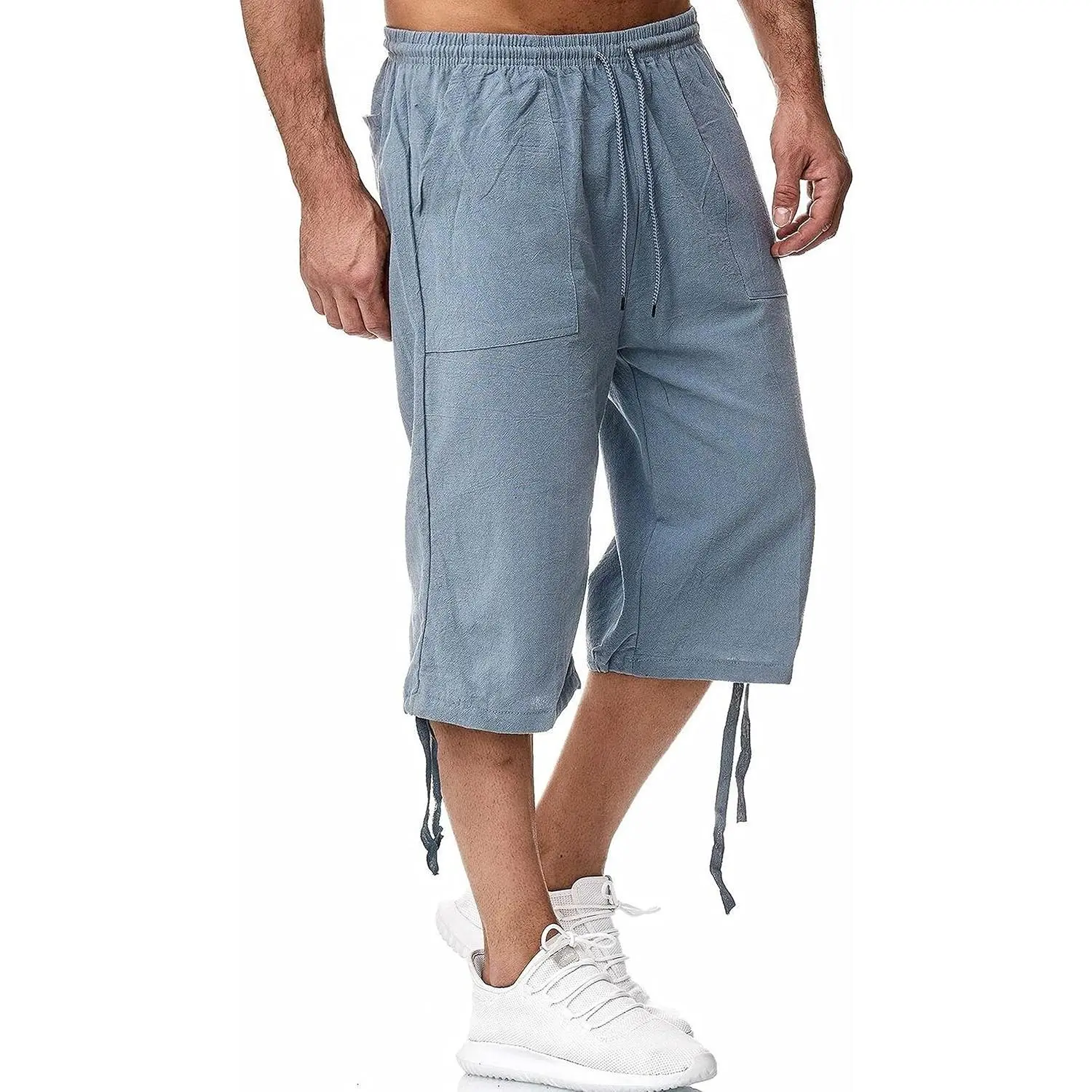 Men's Long Linen Shorts Below Knee Pocketed 3/4 Summer Drawstring Capri Pant