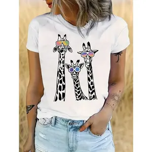 Women'S Casual Giraffe Print T-Shirt with Glasses, Short Sleeve Crew Neck Polyester Knit Top, Slight Stretch, Regular Fit, All Seasons - 95% Polyester, 5% Elastane, 180g/m²
