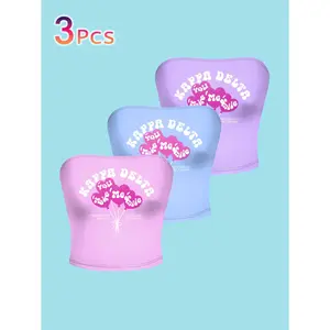 3Pcs Kappa Delta Balloon & Heart Print Strapless Tube Tops, Sorority Philanthropy Style