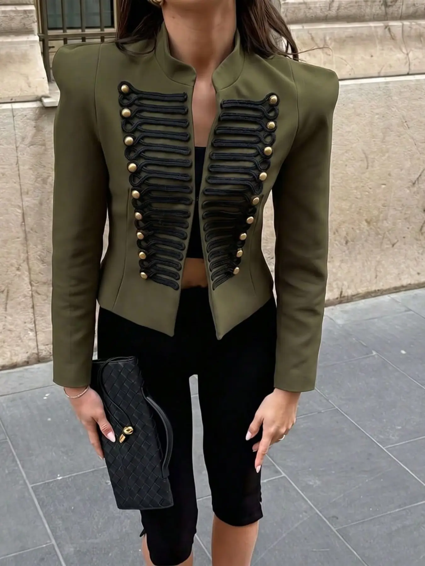 Women's Vintage Military Style Blazer Jacket, Loose Fit Long Sleeve Front Open Design Top, Fashionable Edge Embellished Outerwear