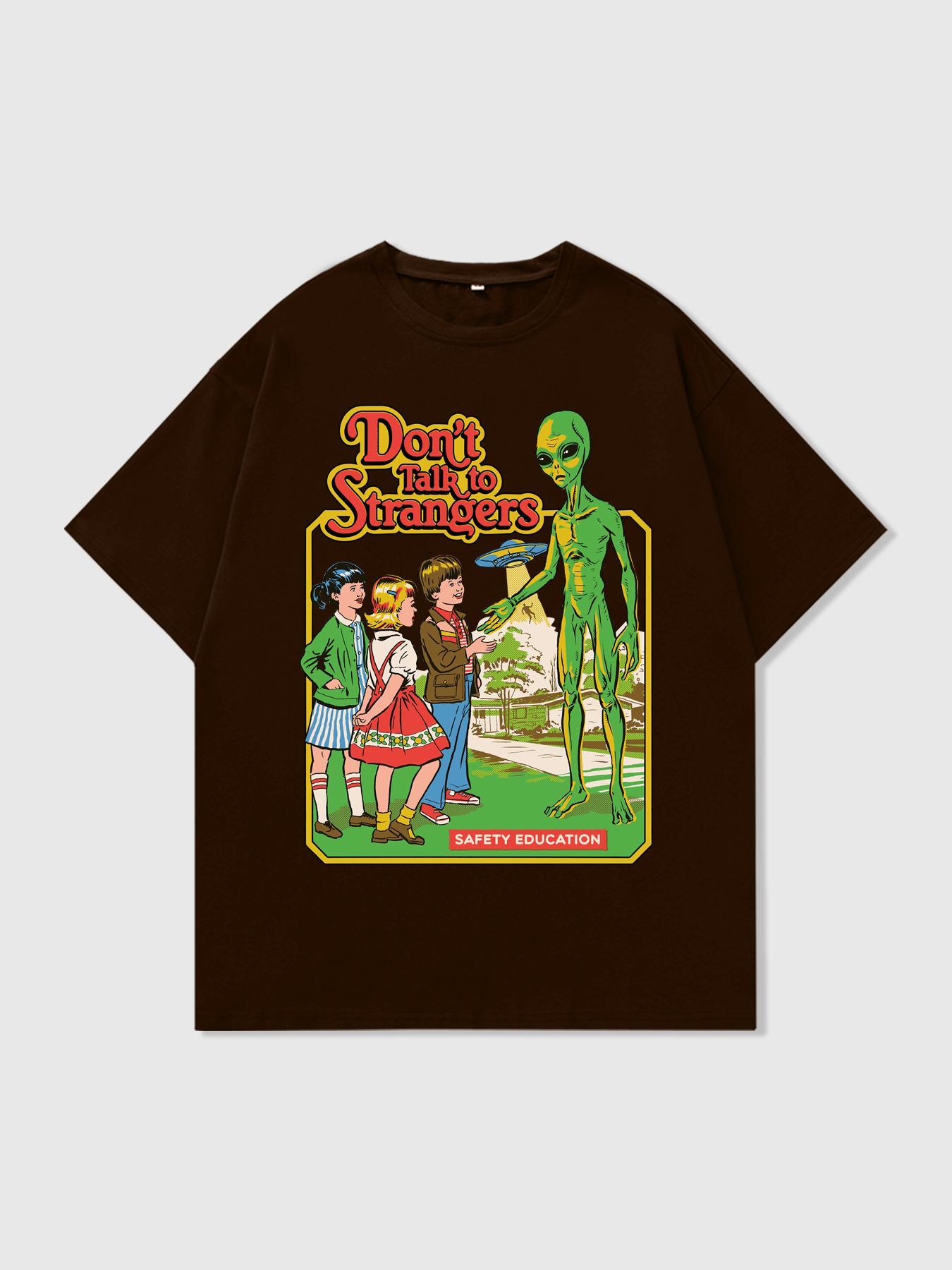 Men's Cartoon Alien & Letter Print Round Neck Tee, Regular Fit Street Fashion Casual Short Sleeve T-Shirt for Daily Wear, Men's Summer Clothes