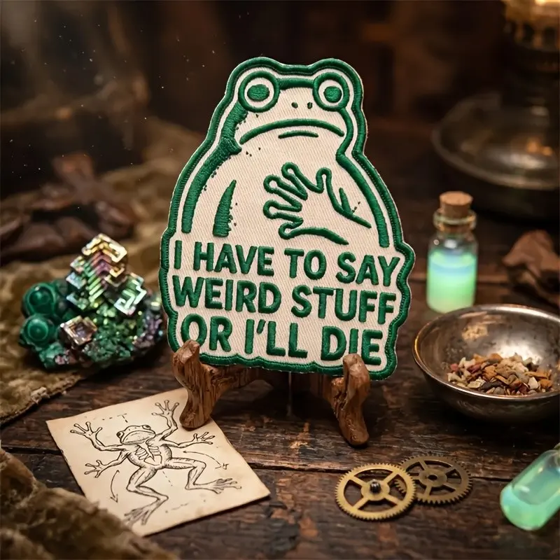 I Have To Say Weird Stuff Or I'll Die Embroidered Patch, Funny Frog Shape Design Iron-On Applique, Adhesive Backing, Perfect for Jackets Hats Accessories, Unique Clothing Decor, Embroidery Patches