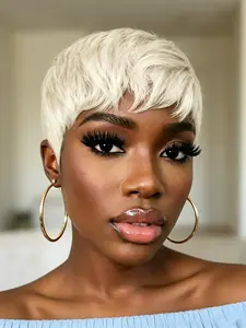 Short Straight Layered Pixie Cut Wig, 60 Blonde Color Human Hair Wig, for Women Daily Party Cosplay Use, Natural Look & Comfortable Fit
