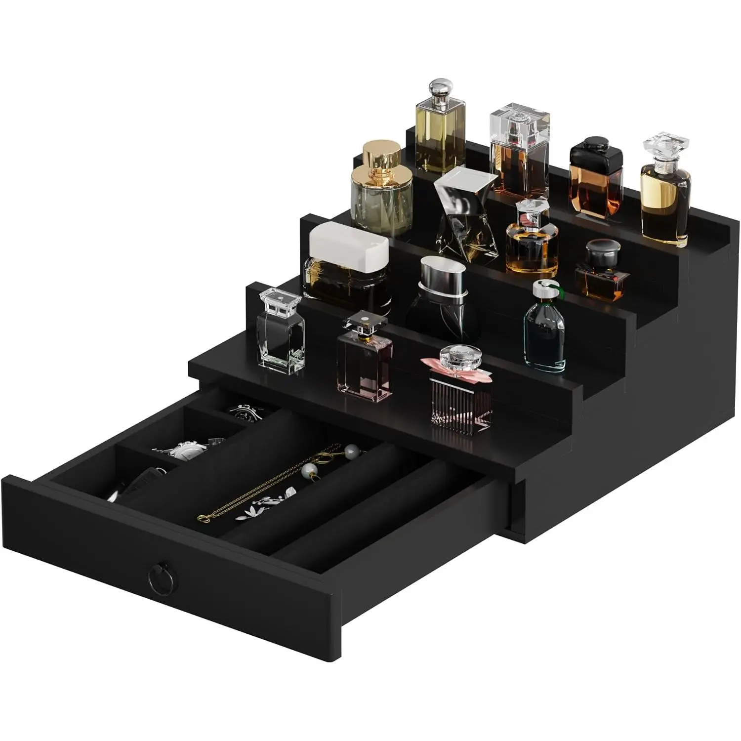 Cologne/Perfume Organizer, 4-Tier Storage Drawer with  Compartments, Soft-Lined Display Case (Black)