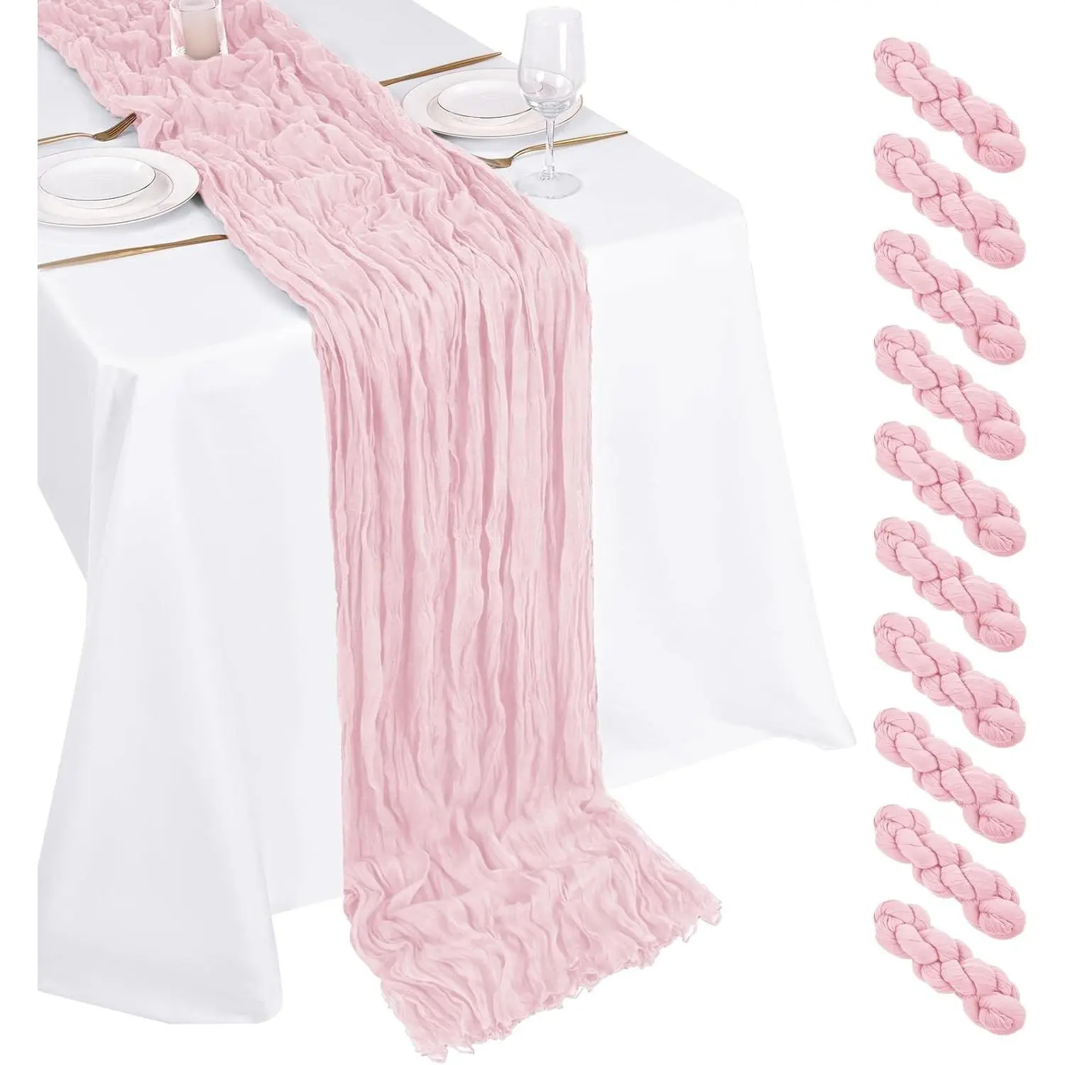 10-Pack Blush Pink Cheesecloth Table Runner, 17x108 in Boho Gauze Table Runner for Wedding, Home Decor