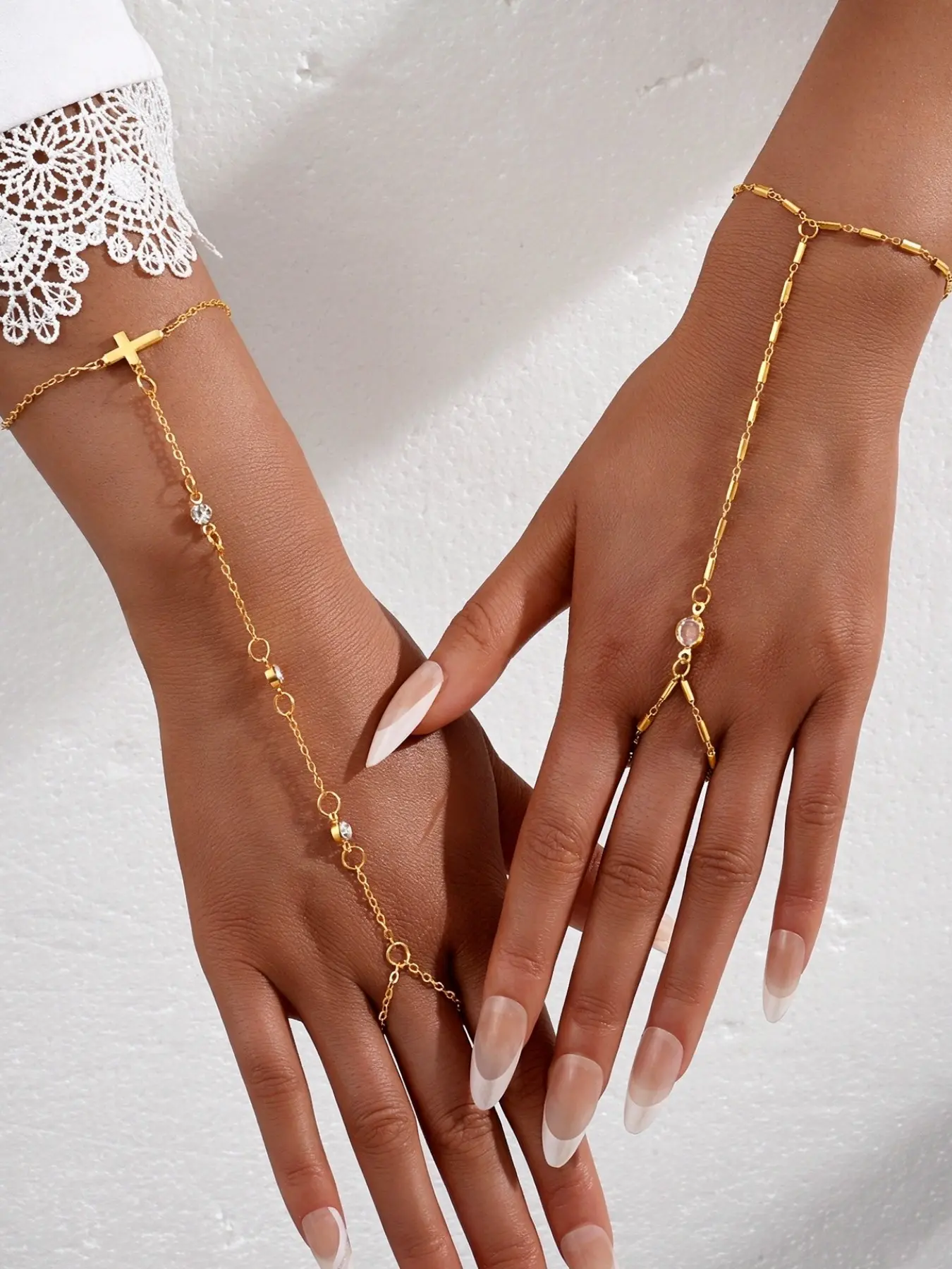 2 Piece Elegant Rhinestone Cross Finger Chain Set, Bangle Bracelet Ring Set for Women, Perfect for Parties Weddings Holidays Gifts, Jewelry Sets