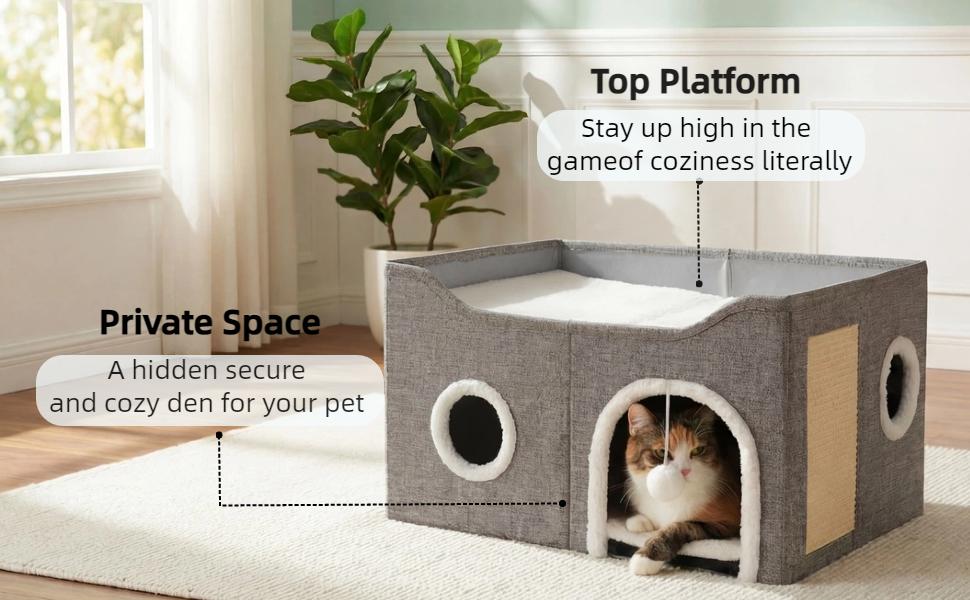 Cat Beds for Indoor Cats - Large Cat Cave for Pet Cat House with Fluffy Ball Hanging and Scratch Pad, Foldable Cat Hideaway, 23.8x15.9x13.2 inches, Grey