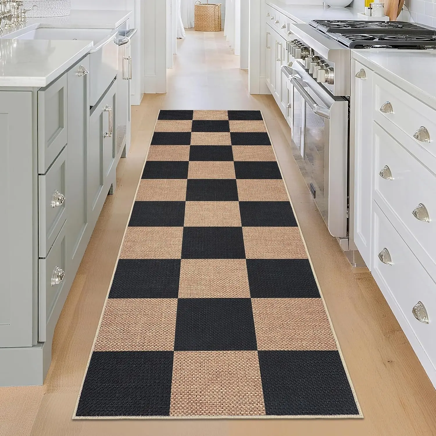 Washable Kitchen Runner Rug Modern Checkered Non Slip Area Rug for Entryway Hallway Patio Indoor Outdoor Carpet Family Pet Friendly