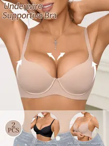 2 Pack Comfortable Jelly Bra with Adjustable Straps, Medium Support Push Up Bra for Women, Everyday Wear Lingerie
