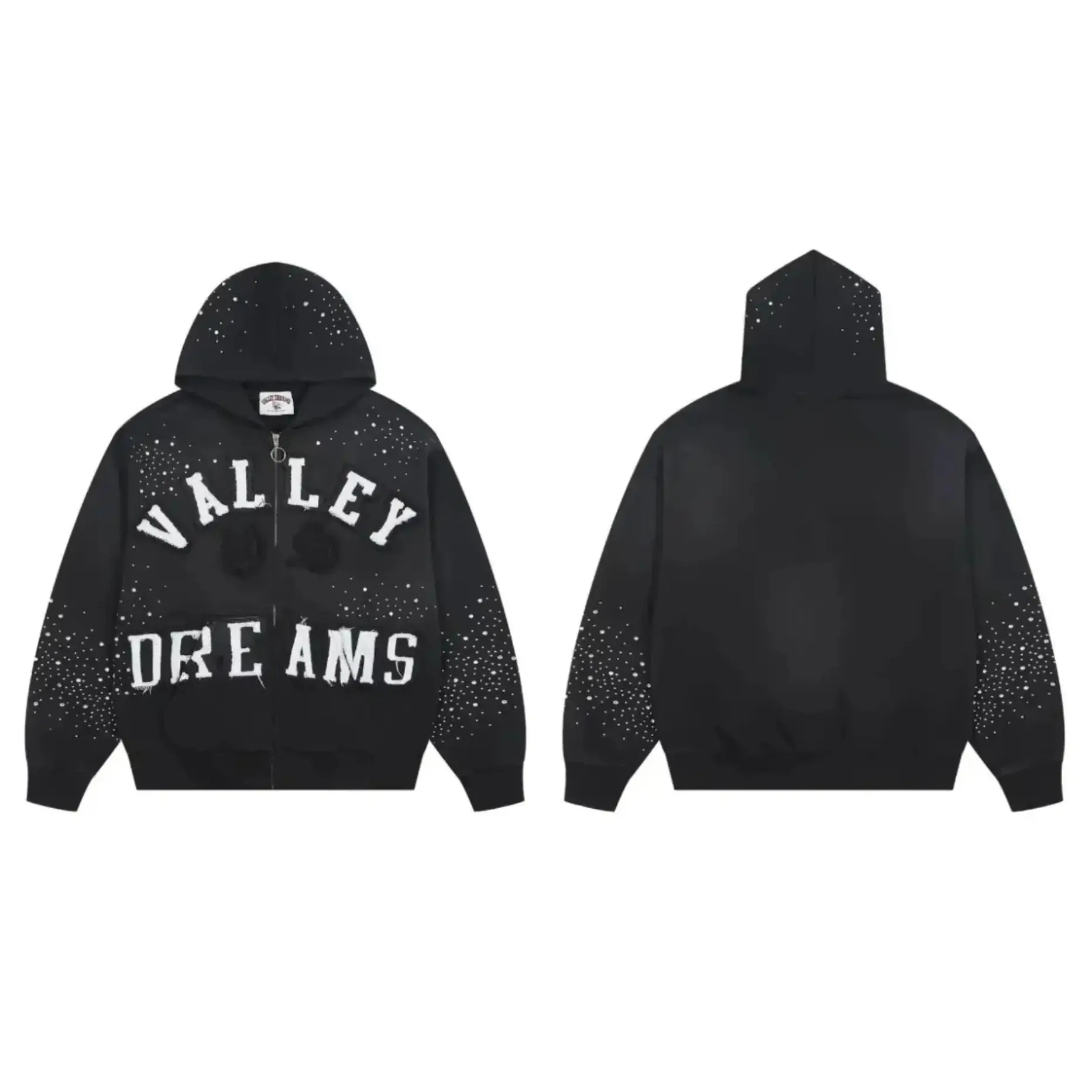 VALE Classico Black Rhinestone Zip Up Hoodie, Men's Y2K Vintage Washed Oversized Graphic Hooded Sweatshirt, Starry Crystal Detail Streetwear Jacket, Loose Fit Cotton Hoodie, Fall Winter Casual Unisex Fashion Top Breathable Cargo