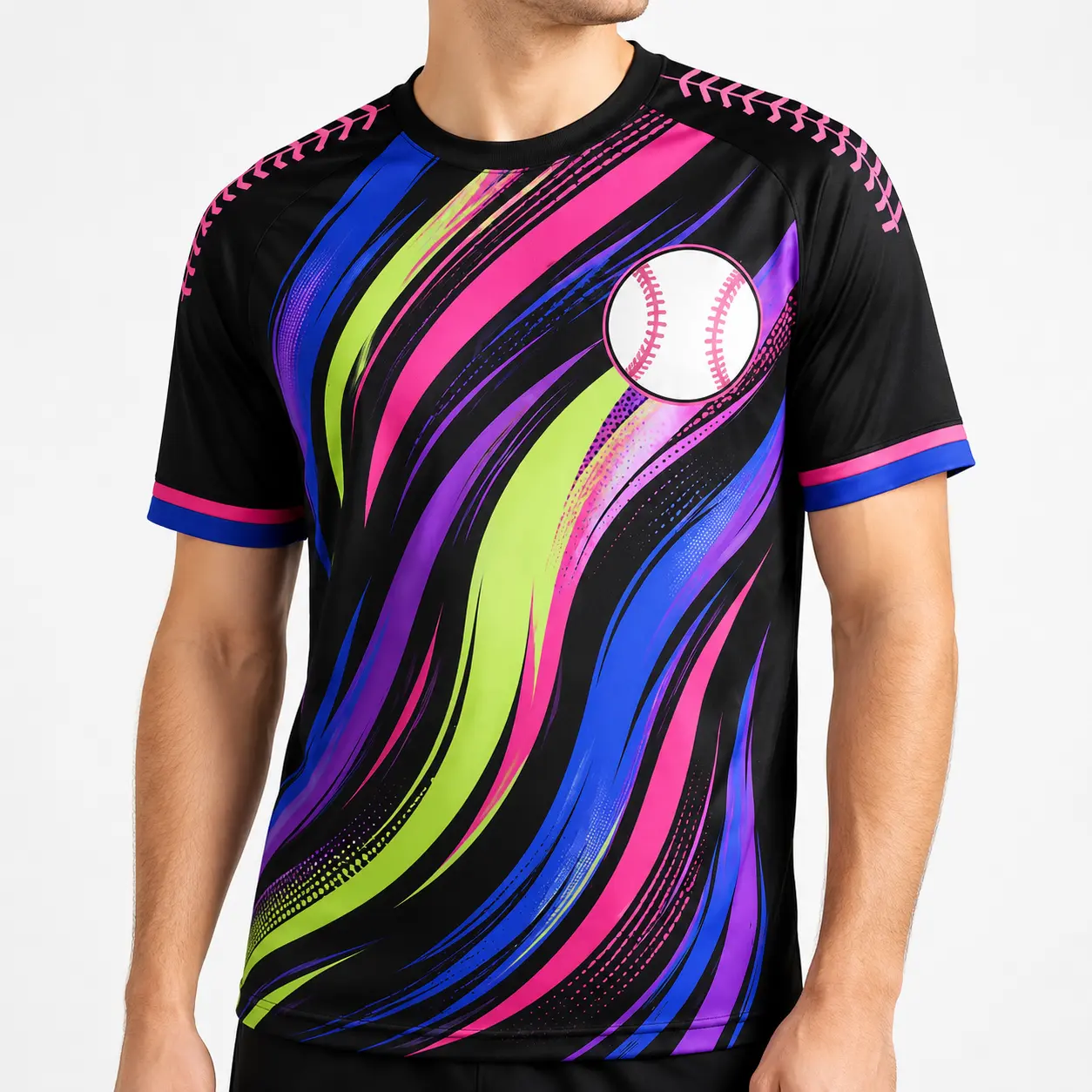 Black Neon Softball Jersey Short Sleeve Crew Neck Baseball Graphic Athletic Shirt, Colorful All-Over Print Game Day Sports  for Team Practice and Casual Wear,outfits,men's wear,men fashion,summer men fashion clothes,football jersey,fan jersey,fan cheering