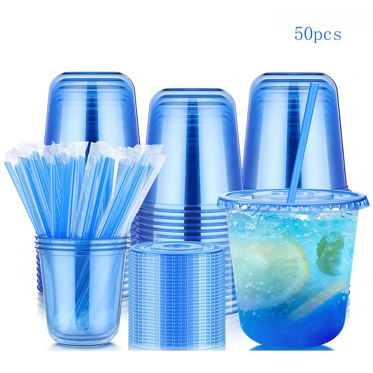 50 Sets 12oz Blue Transparent Plastic Cups with Lids and Straws, Pet Disposable Ice Coffee Cups for Cold Drinks, Halloween Christmas, Plastic Clear Cups