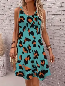 Women's Cute Print Sleeveless Dress, Round Neck Sleeveless Dress, Outdoor Versatile Vacation, Elegant Style, Unlined, Summer