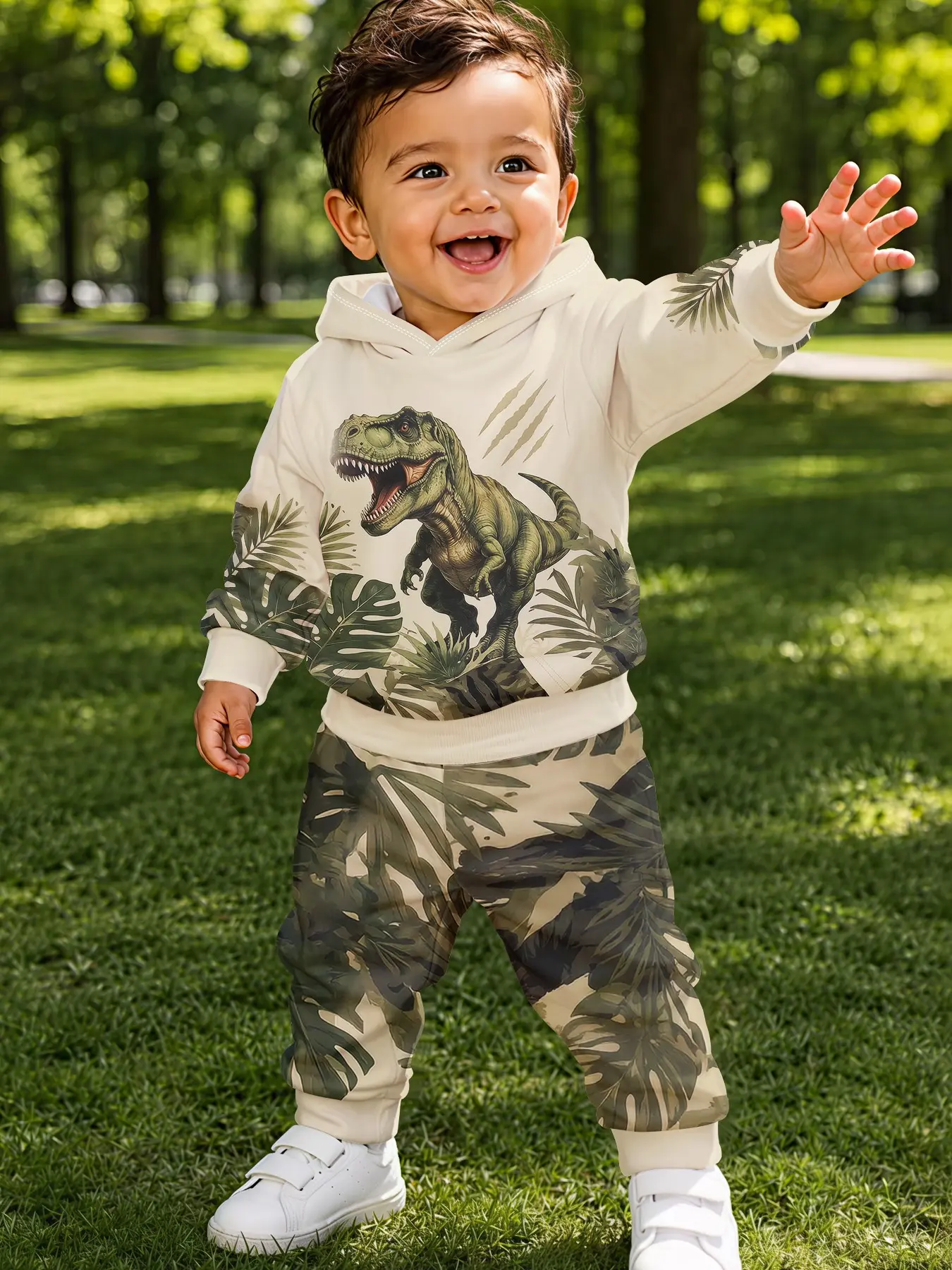Boys' 2-Piece Set, Hooded Sweatshirt and Pants, Digital Print Jungle Dinosaur Pattern, Casual Spring & Fall, Outfits Set