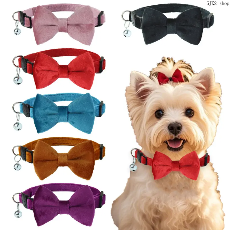 6Pcs Velvet Bow Tie Pet Collar with Bell Adjustable Soft Neck Collar Small Dog Kitten Wedding Party Grooming Accessories Multi Colors