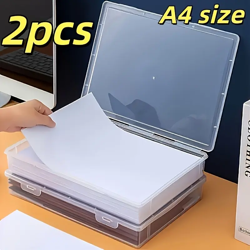 2pcs A4 Large Size Transparent Flip-Top Plastic Storage Boxes/High-Capacity Stackable Desktop Organizers/Space-Saving Office and School Supplies/Desktop Storage Boxes/Essential Storage Solution for Home Documents, Important Files, and Manuals