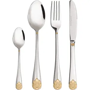 24 Piece Silverware Flatware Dinnerware Set for 6, Silver Tableware with Gold Accents, Great for Family Gatherings & Daily Use, Includes Spoons Knives Teaspoons Forks Limited Edition