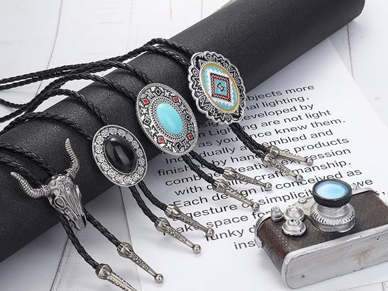 4Pcs Western Cowboy Bolo Tie Set  Vintage Cow Skull & Turquoise Style Design | Hand-Braided Leather Necktie | Unisex Retro Accessory for Festivals & Parties