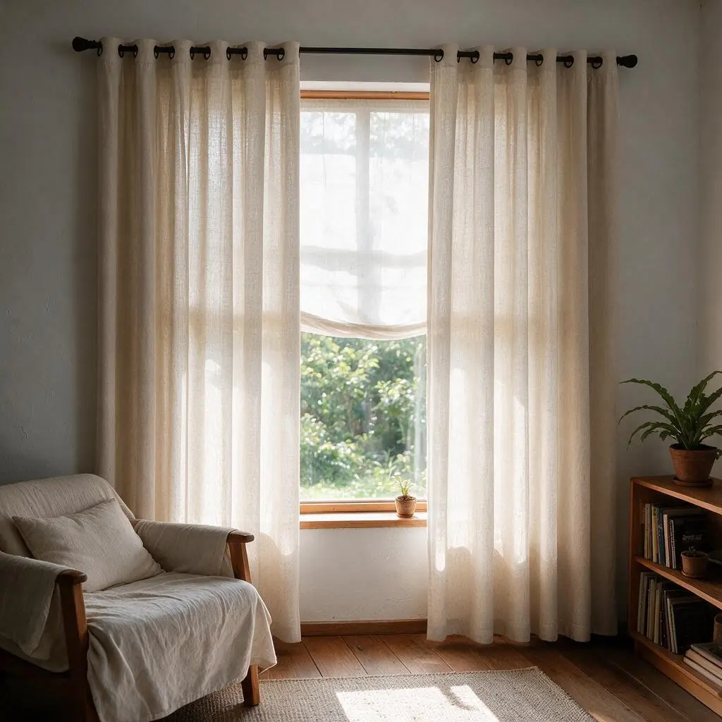 Boho Linen-Look Sheer Eyelet Curtains, Light Filtering Textured Window Drapes, 1pc for Living Room & Bedroom, Elegant Home Decor, Ready Made Curtains