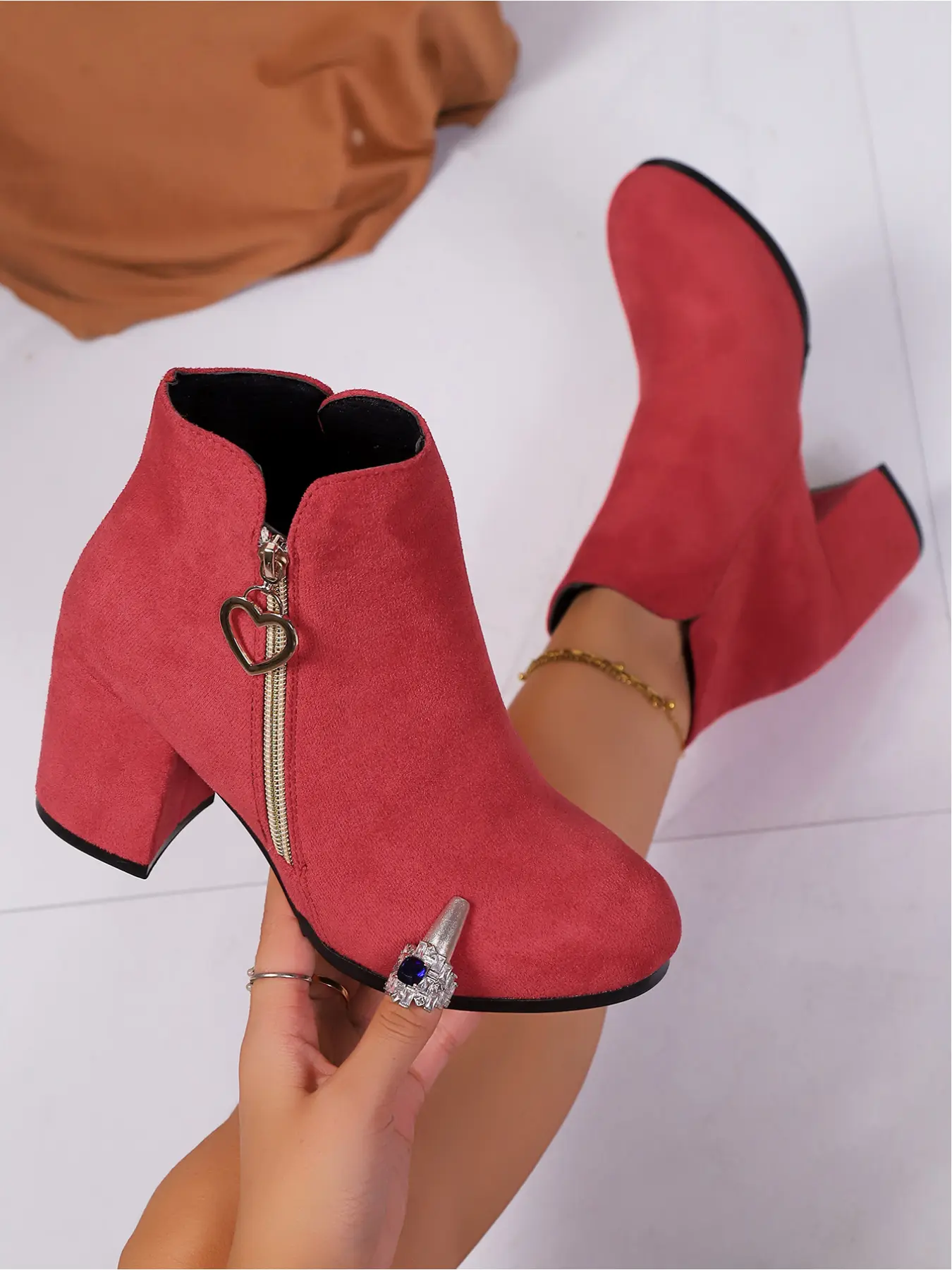 Women Faux Suede Round Toe Ankle Booties Heart Pull Tab Side Zipper Chunky Block Heel Daily Casual Short Boots Black Red Available