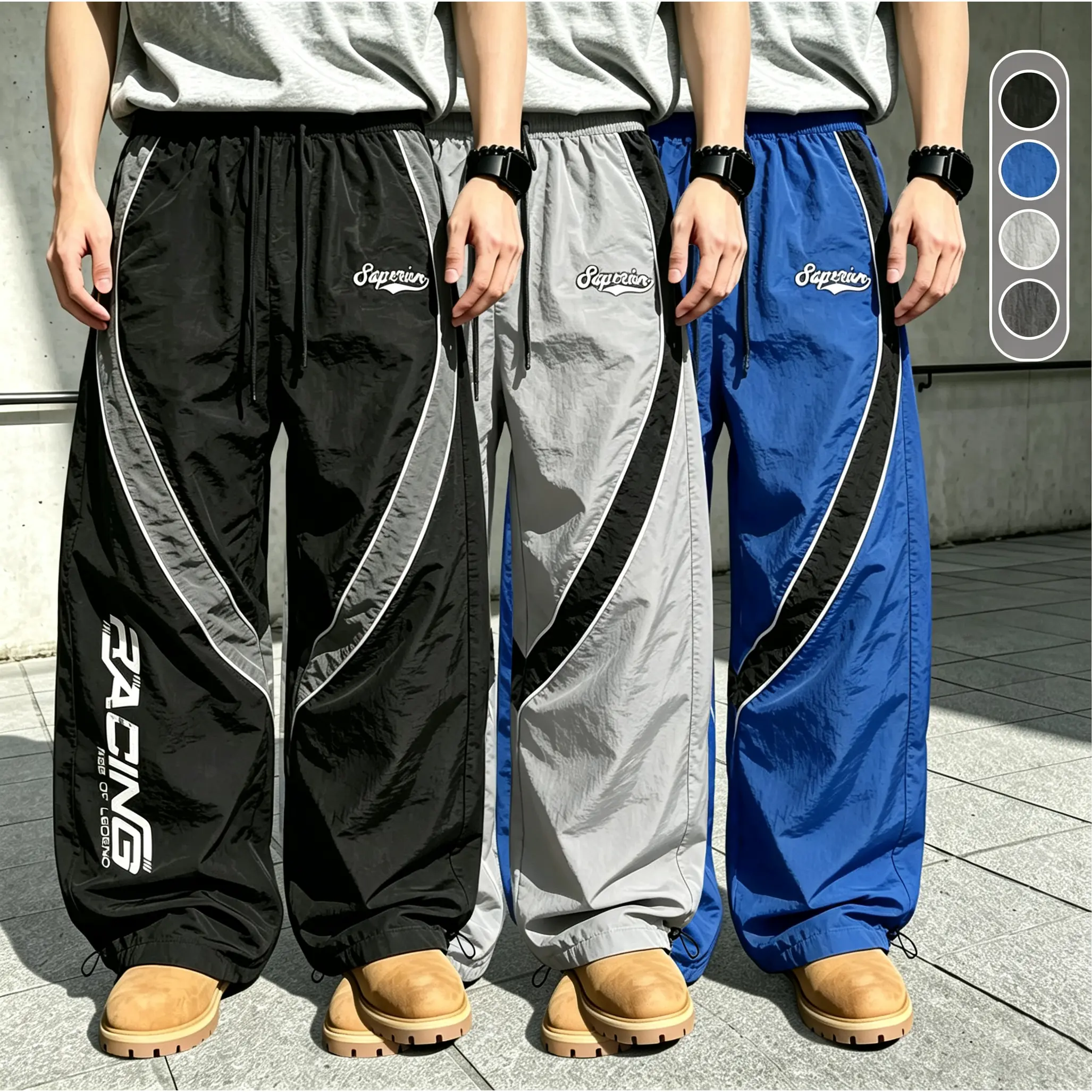 Men's high street style contrasting color splicing side striped tied wide leg pants, printed design loose drape sweatpants, multi color optional thin casual pants are suitable for spring and summer wear