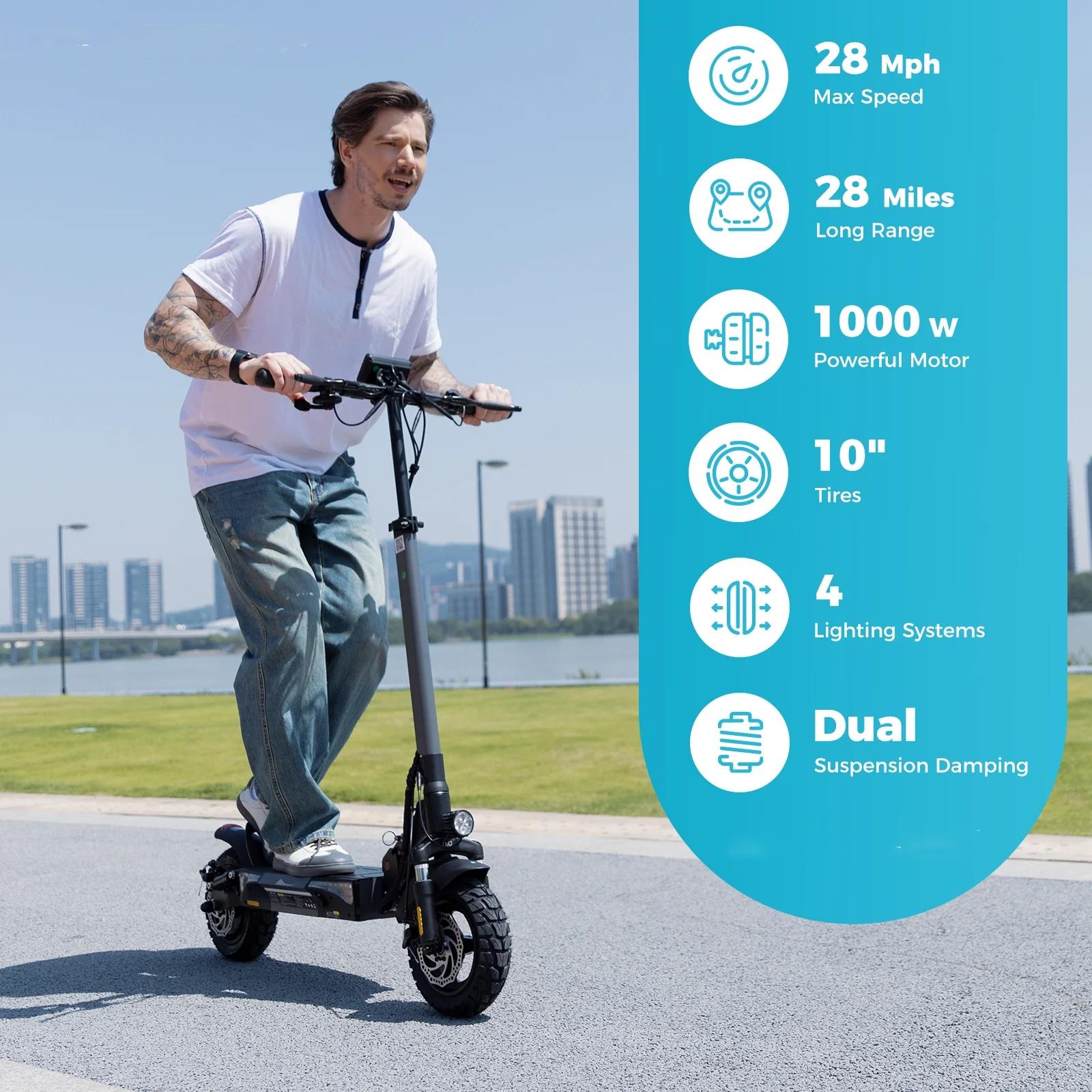 All Terrain Electric Scooter, 1000W/500W Violent Motor, Max 28MPH/25MPH Speed, 40/28/20 Mile Range, 330Lbs Capacity, 3S Folding, Dual Shock Absorption – Foldable Off-Road E-Scooter