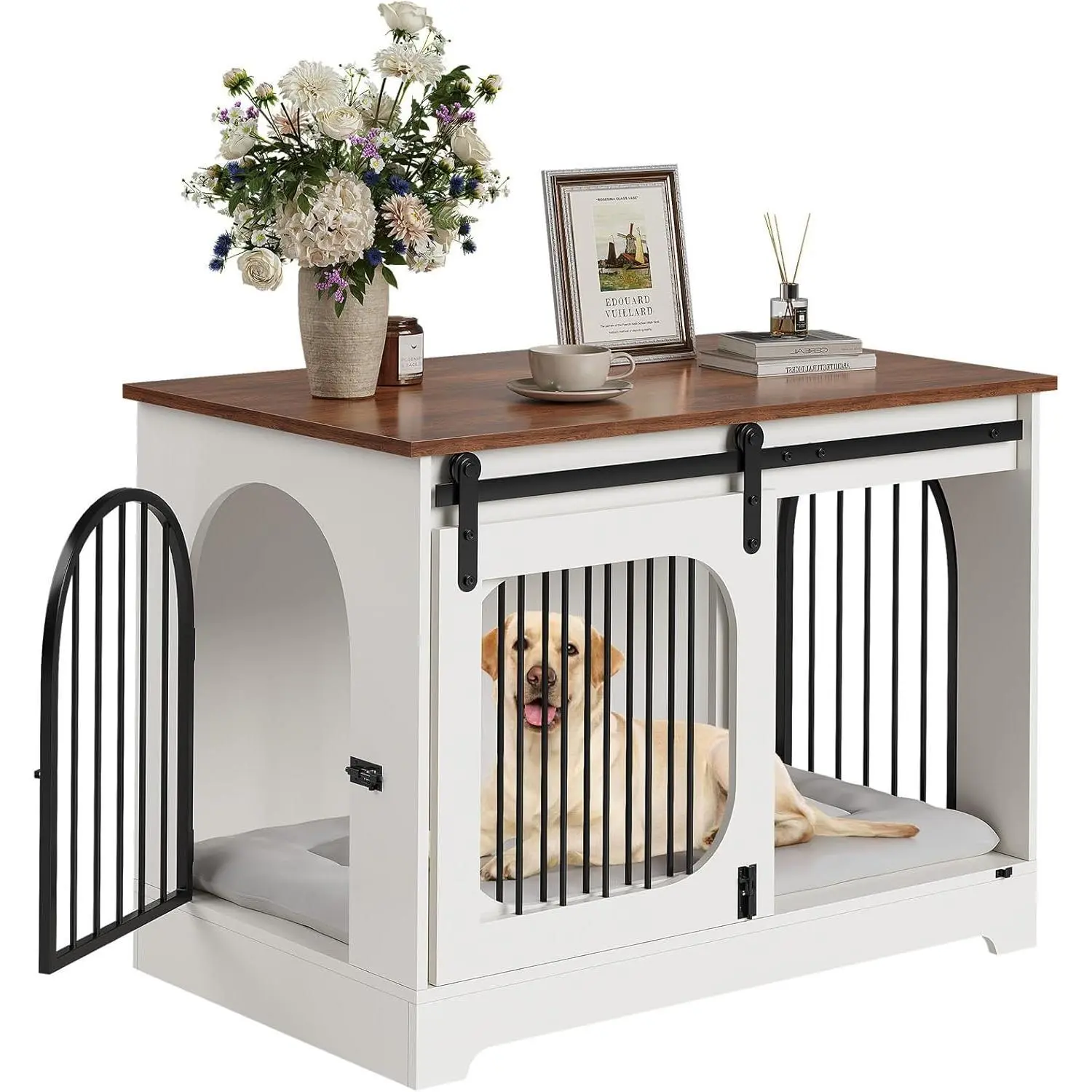 Dog Crate Furniture, 39.4 in Dog Kennel for Dogs Up to 70 LB, with Bed Mat, Heavy-Duty Dog Cage End Table, Three Doors Dog House, White/Brown