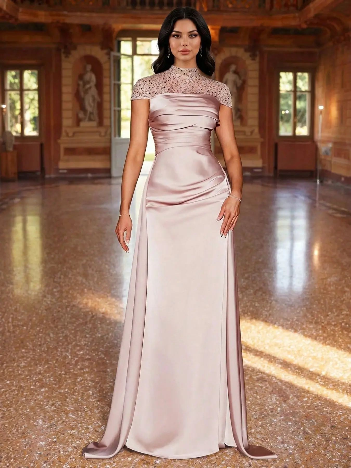 Elegant Rose Gold Mesh Evening Dress, Beaded Stand Collar High Neck, Short Sleeve, Ruched Sequins, Patchwork Satin, Formal Gown, Evening Wear Gown for Special Occasions