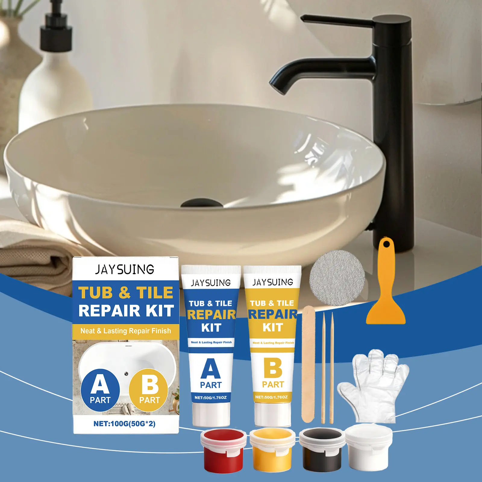 JAYSUING 100grams Epoxy Resin Tub and Tile Repair Kit (3.52 oz), White Ceramic Crack & Chip Filler Paste with 4-Color Pigment Set, Waterproof Beginner-Friendly DIY Users Solution for Bathtub & Sink