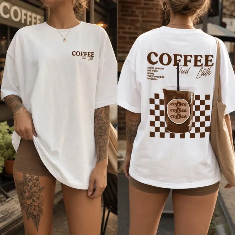 Coffee Iced Latte Checkerboard Print Oversized T Shirt Women Casual Soft Cotton Short Sleeve Crewneck Top Summer Daily Streetwear Comfy Outfit For Coffee Lovers