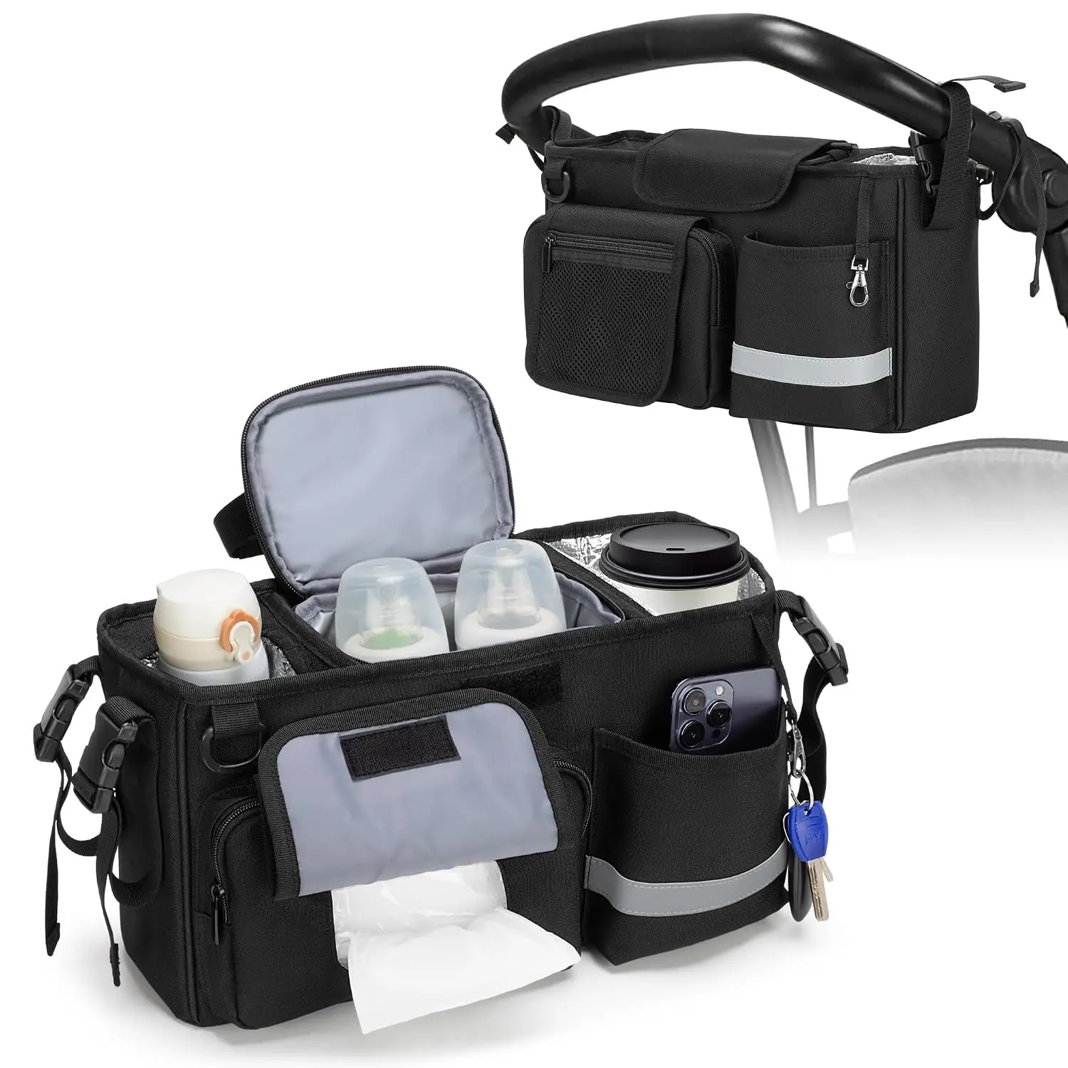 Parent Console Stroller Organizer Compatible with W&X Stroller Wagons | 2 Insulated Cup Holders, Removable Cooler Bag, Black, Patented Design(Gift)