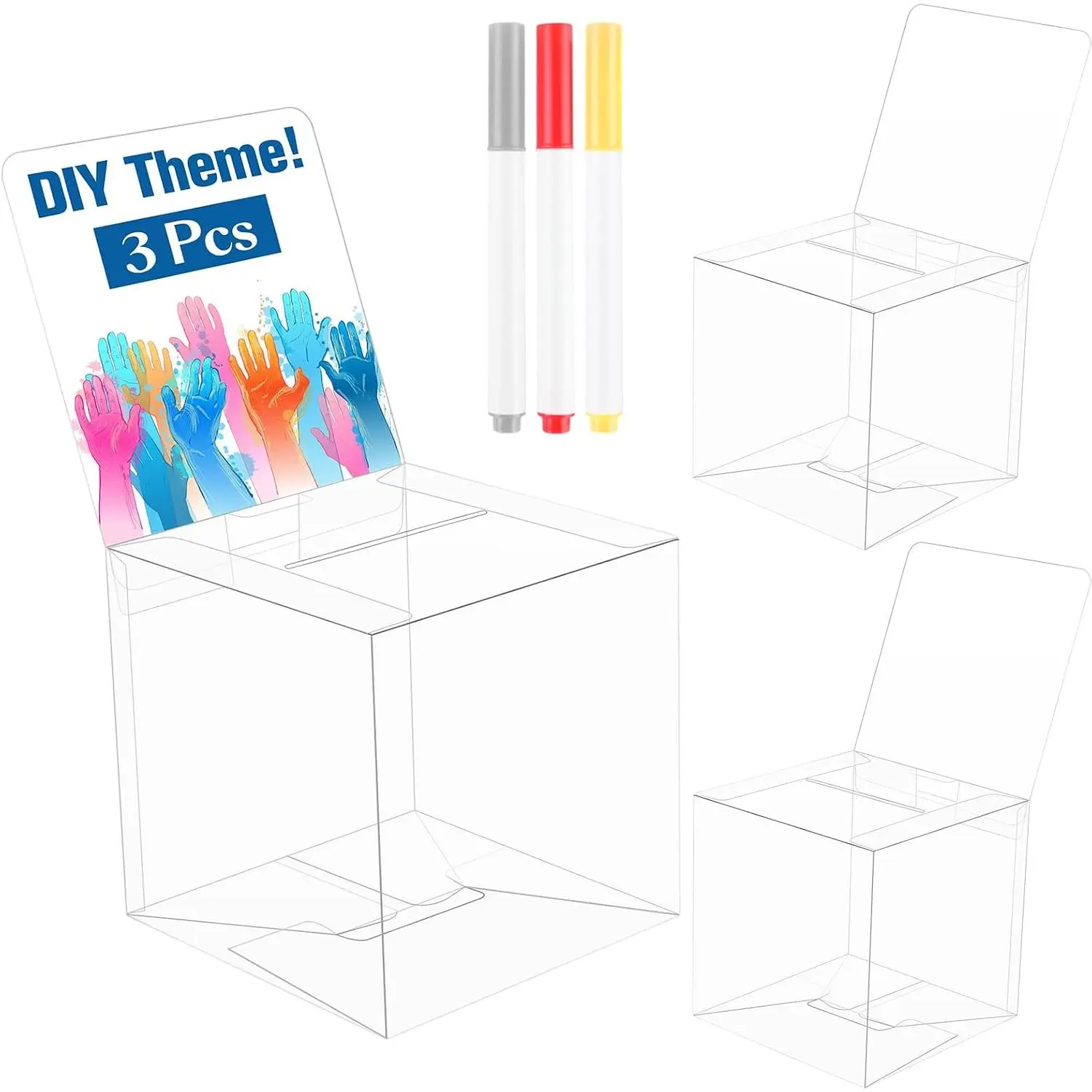 3 Pack Raffle Boxes with Slot Ballot Box, Raffle Box Suggestion Boxes Donation Box for Fundraising Collecting Card Tickets and Voting Contest with Erasable Color Pens(Clear)