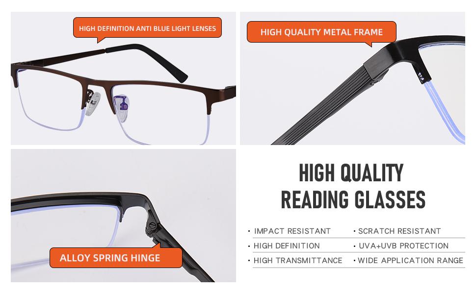 3-Pack Reading Glasses for Men, Lightweight Metal Half Frame Blue Light Blocking Computer Readers, Filter UV Ray/Computer Glare with Spring Hinge Eyeglasses(3PCS Black,+2.75)