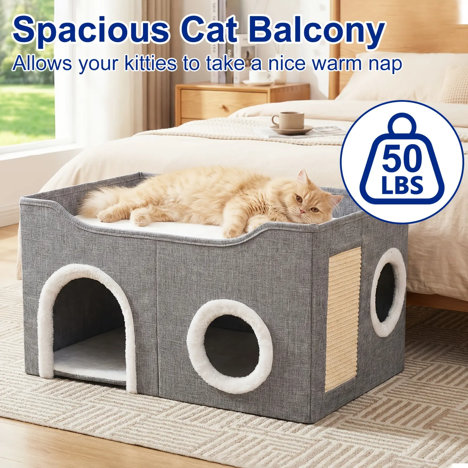 3-in-1 Foldable Enclosed Cat House - Sisal Scratching Post, Double-Layer Scratch Pad Condo, Fully Assembled Indoor Single Unit Space Saver Cat Hideaway