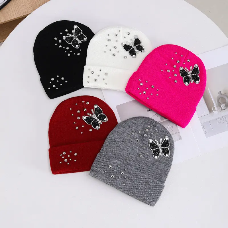 Butterfly Rhinestone Beanie Hat for Women, Sparkle Embellished Knit Winter Hat, Soft Warm Y2K Fashion Cap for Daily Wear
