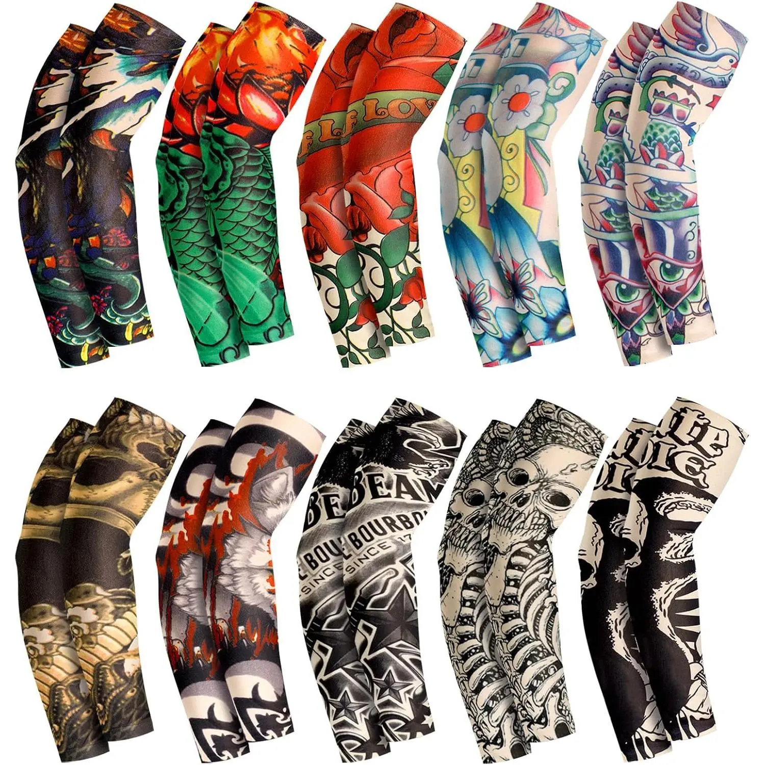 20 Pcs Men's Cooling Arm Sleeves Long Fingerless Arm Cover Anti Slip UV Sun Protection Sports Temporary Tattoo Sleeves