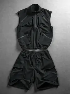Men's 2Pcs Techwear Outfit Multi Zipper Pocket Sleeveless Zip Vest + Elastic Waist Cargo Shorts Black Streetwear Tactical Tracksuit Summer Casual Daily Wear