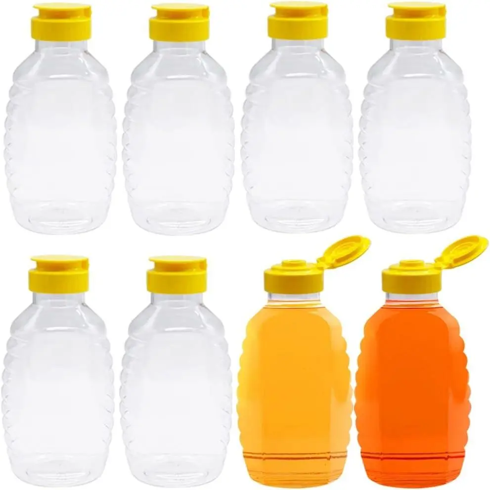 Qinsihwn 8 Pack 16oz Clear Plastic Squeeze Honey Bottles, Refillable Food Grade Honey Containers with Leak Proof Flip-Top Caps for Storing and Dispensing