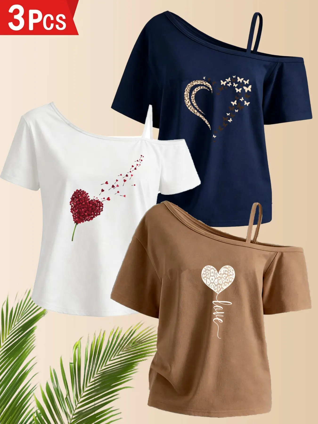 3-Pack Asymmetrical Neck Halter Top Women's Short Sleeve T-Shirts, Heart Print Fashion Tops, Spring Summer Daily Wear
