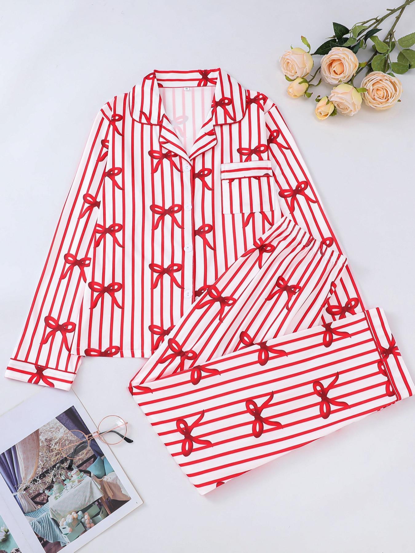 Women's Long Sleeve Striped Pajama Set, Button-Front Top & Elastic Waist Pants, Casual Fitted Sleepwear for Spring & Fall, Casual Comfy Pajama