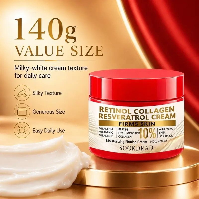 Retinol Collagen Resveratrol Cream, contains Vitamin A, Vitamin C, Vitamin E, Peptide, Hyaluronic Acid, Collagen, Aloe Vera, Shea, Jojoba Oil, Firms Skin, Moisturizing, All Skin Types, Daily Skincare, Collagen Moisturizer