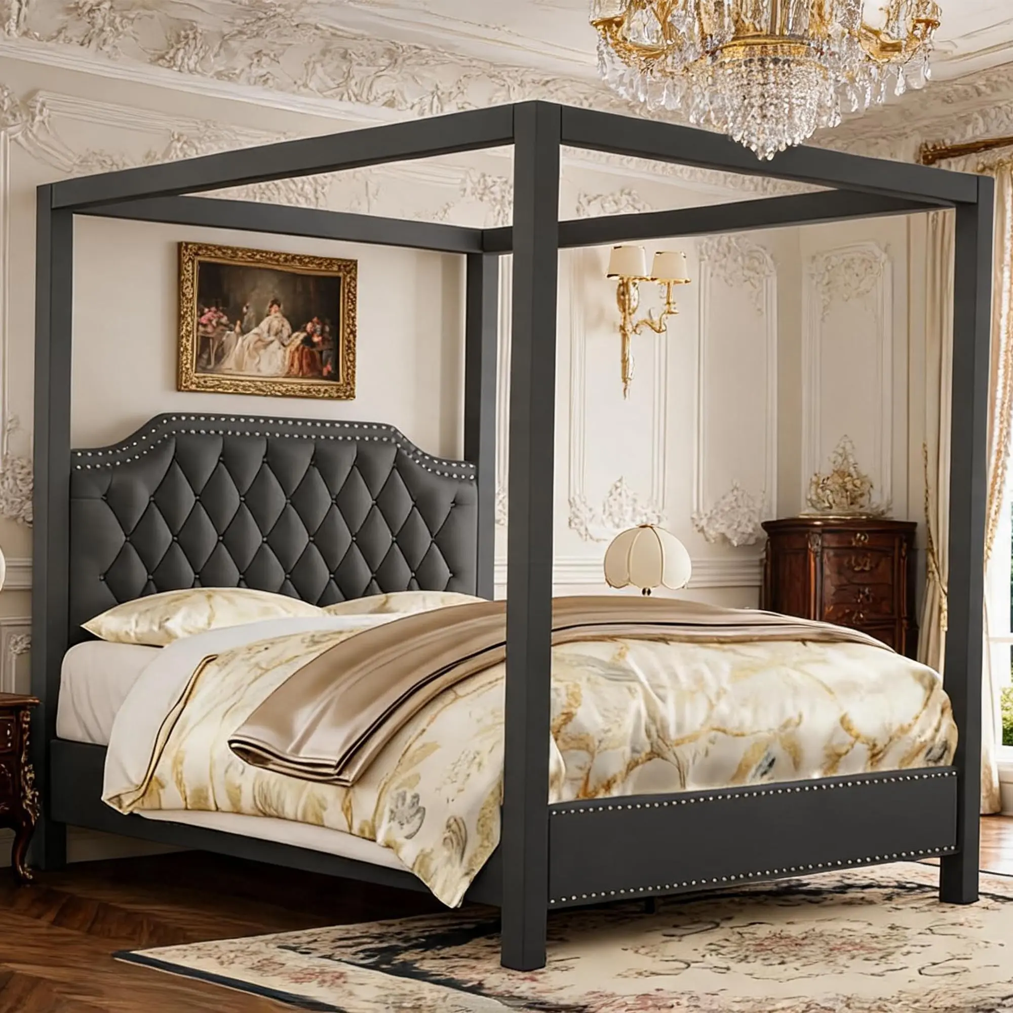 Upholstered 4-Poster Canopy Platform Bed Frame with Button-Tufted Nailhead Headboard, Wood Slat Support, Slide Rails, No Box Spring Needed, Noise-Free - KING, Gray/Beige