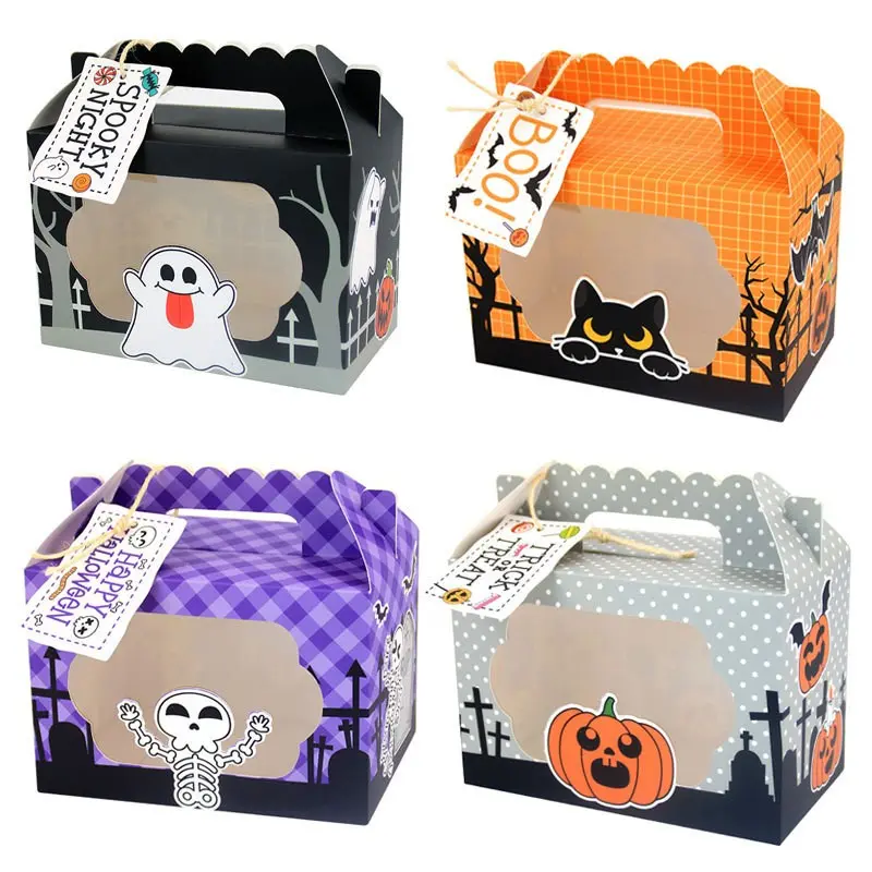12pcs for Halloween Goodie Boxes with Window - Gift Boxes in 4 Unique Designs (Pumpkin, Bats, Haunted House, Cat), Box Party Favors for Halloween Trick Or Treat, for Halloween Decorations