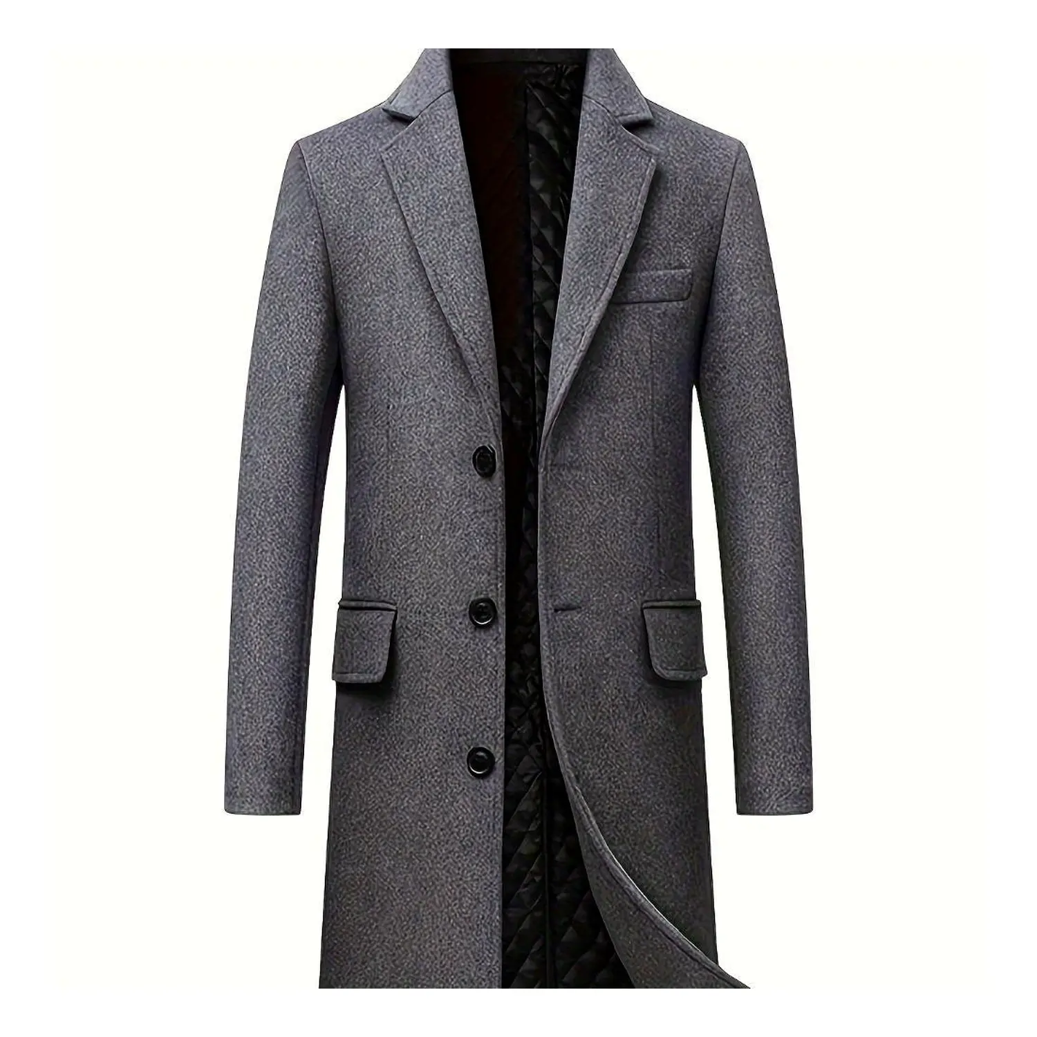 Men's Long Overcoat, Notched Lapel Single Breasted Three Button Coat with Flap Pockets, Back Vent and Quilted Interior, Smart Casual Outerwear for Work Travel and Daily Wear