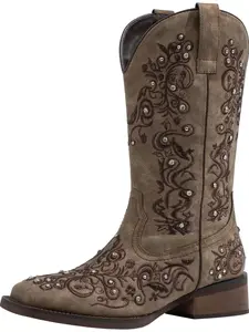 Women's Fashion Rhinestone Square Toe Mid-Calf All Match Trendy Boots, PU Leather, Breathable Lining, Perfect for Weddings, Music Festivals, Parties, Outdoor Activities