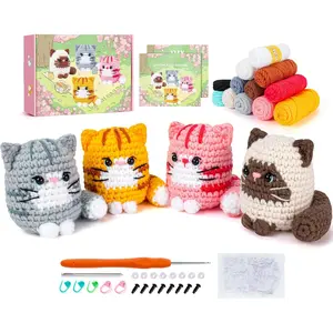 4 PCS Cat Crochet Kit for Beginners with Step-by-Step Video Tutorials, Animal Cat Craft Knitting Set, Ideal Galentines Gifts for Adult Beginners