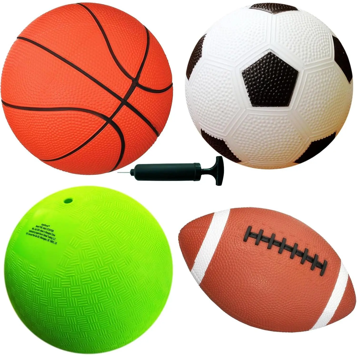 4-Pack Sports Balls  Toddlers & Kids with Pump – 5-Inch Soccer Ball, Basketball, Playground Ball & 6.5-Inch Football – Soft Small Balls  Indoor/Outdoor Play (Ages 2-7)