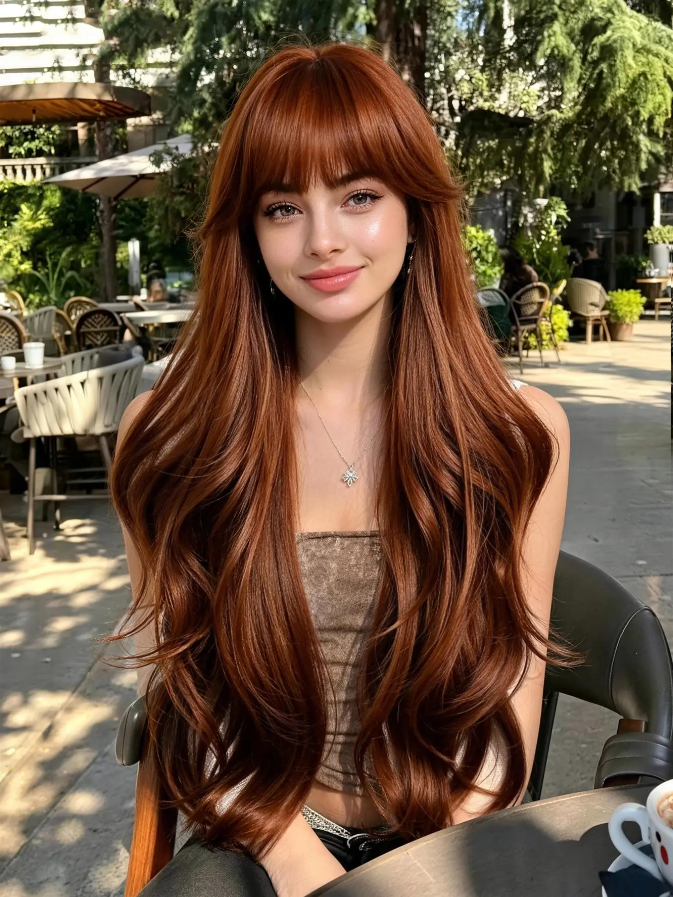 Chestnut Color Long Curly Wig with Bangs, Heat-Resistant Synthetic Fiber, 26 Inches, Elegant Volume, Daily Wear, Halloween, Christmas Party, Fun Wigs
