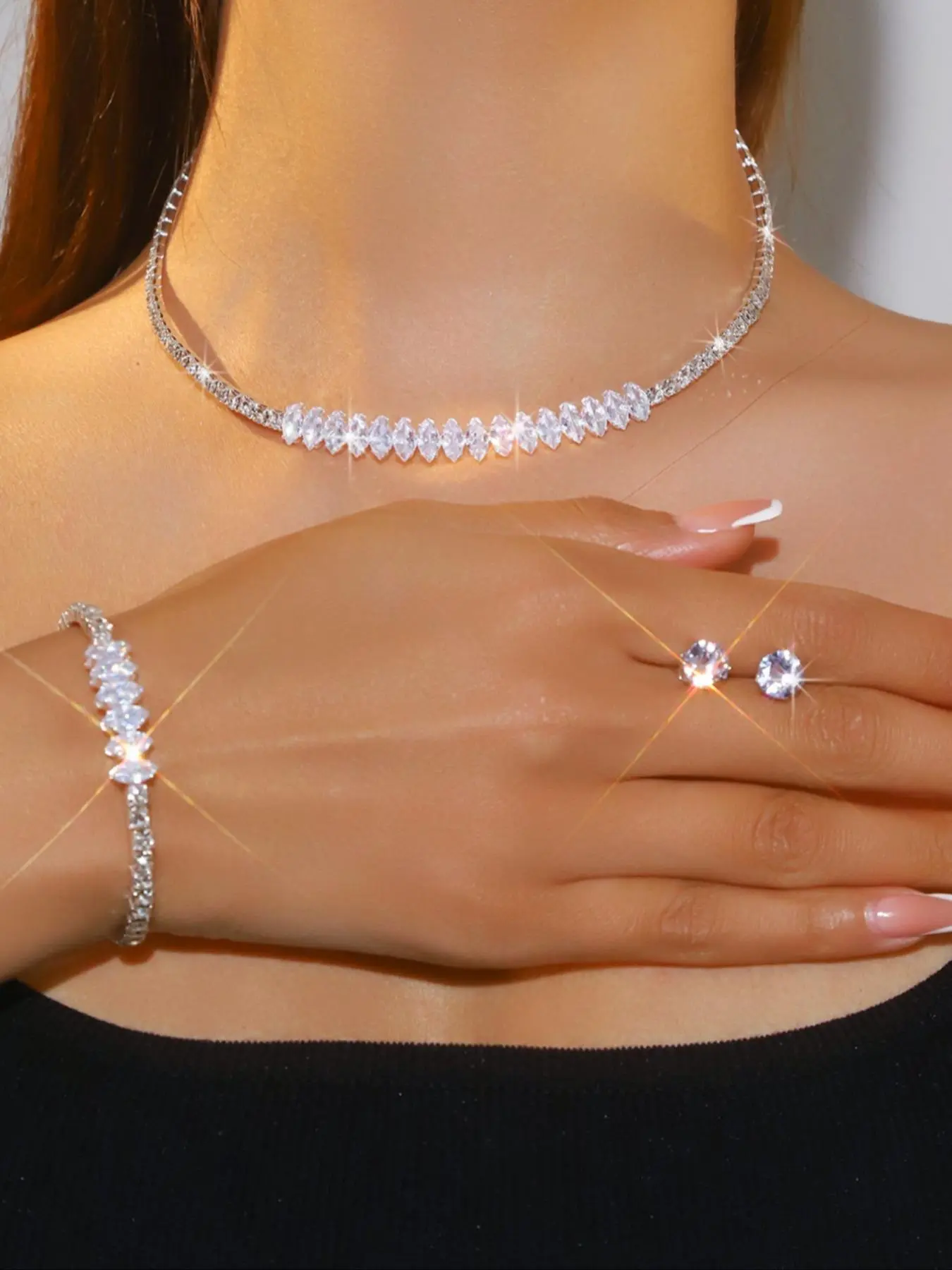Women's Elegant Rhinestone Decorated Jewelry Gift Set, Exquisite Trendy Necklace & Earrings & Bracelet, Chic Fashionable Jewelry Set for Party & Daily Clothing Decor, Matching Jewelry Set, Jewellery Gift Set