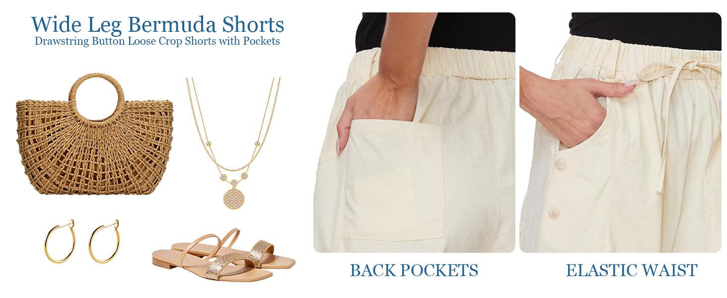 Womens Bermuda Shorts High Waist Drawstring Loose Capris Wide Leg Comfy Summer Beach Casual Dressy Pant with Pockets